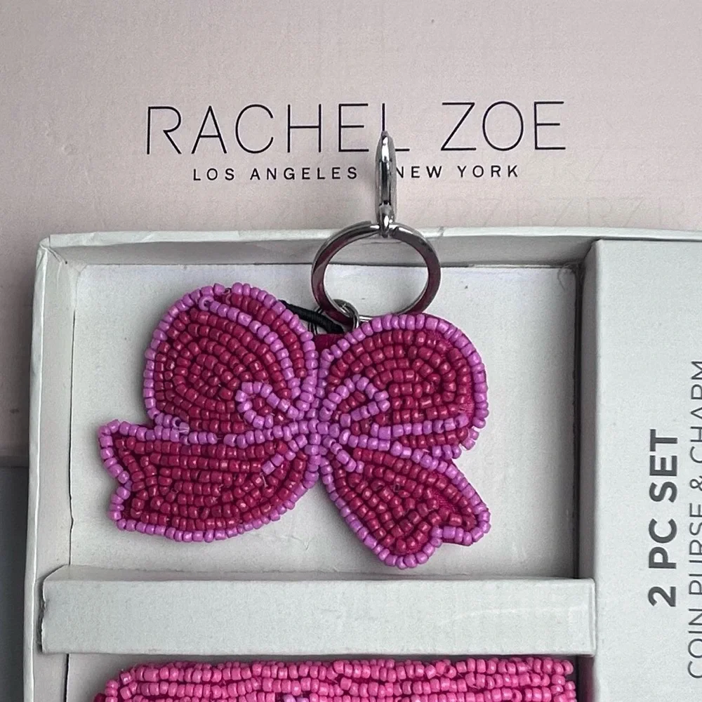 Rachel Zoe Beaded Coin purse and Charm Pink Bows Design 2-piece set NIB
